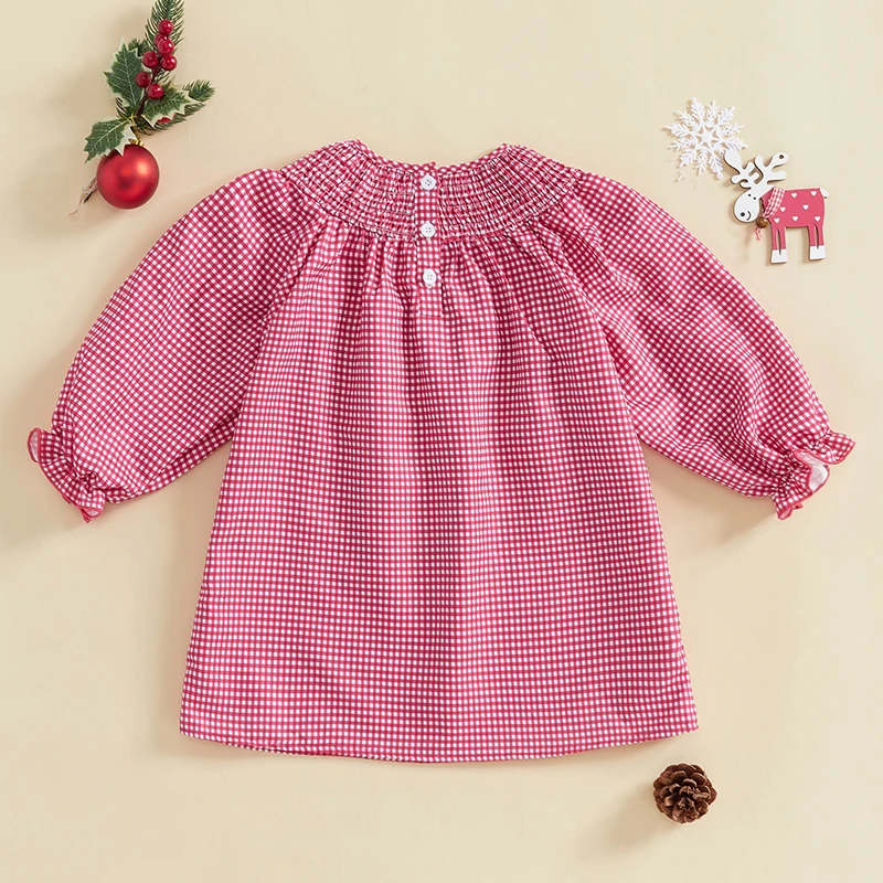 Little Girl Plaid Christmas Dress Santa Claus Embroidery Shirred Round Neck Ruffle Sleeve A-Line Princess Dress