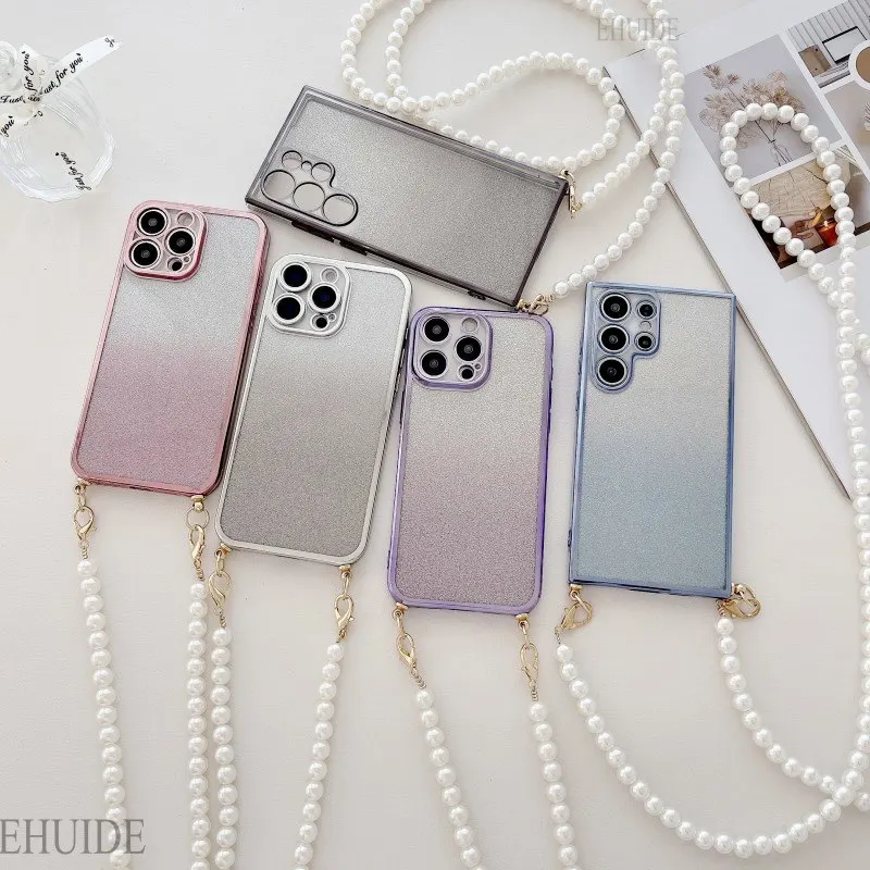 Pearl Case For Samsung Galaxy S24 FE S25 Ultra S20 S21 S22 S23 Plus A36 Crossbody Cord Lanyard Strap Clear Plating Glitter Cover