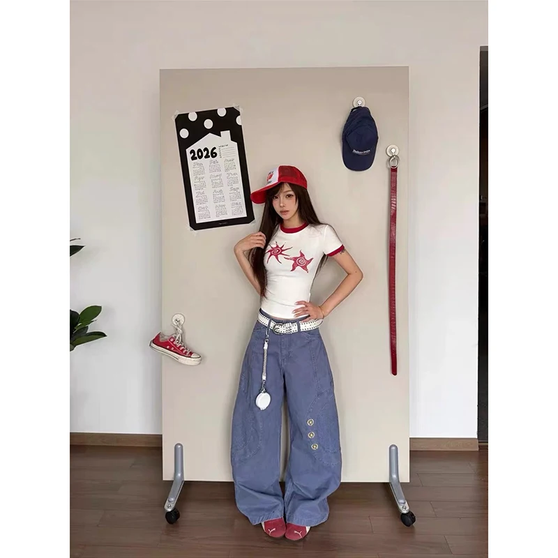 YIBASHU Women Baggy Jeans Blue Denim Pants Star Y2K Japanese Harajuku 2000s American Retro Long Trousers High Street Boyfriend