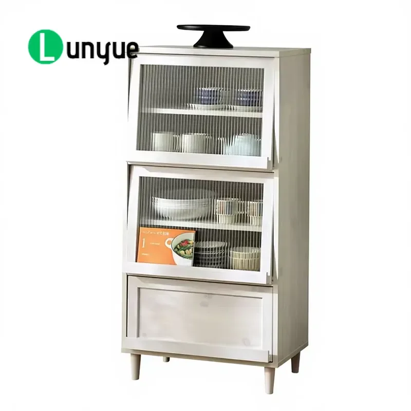 Solid Wood Japanese Style Multifunctional Side Cabinet with Glass Lifting Door for Home Dining Room Kitchen Storage