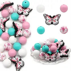 25pcs/set DIY silicone beads combination butterfly set beads pink butterfly silicone decorative beads 15mm silicone bead combination for DIY pen necklace bracelet key chain mobile phone chain pendant jewelry accessories