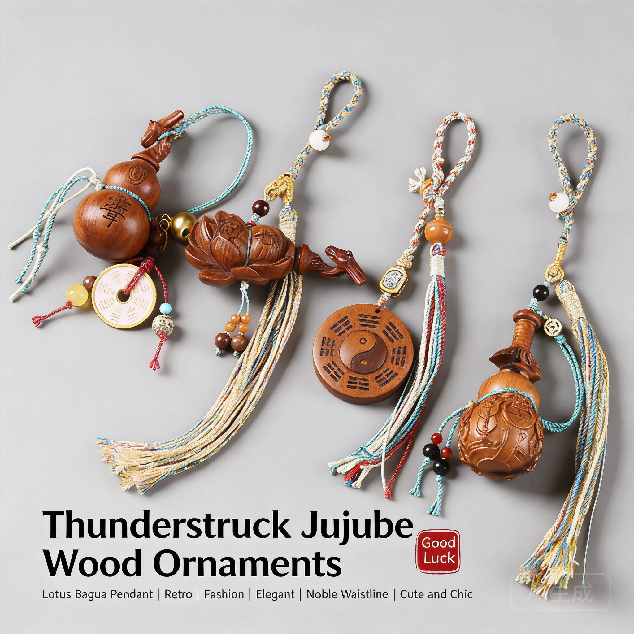 Thunder Struck Jujube Wood Chinese Style Gourd Bagua Pendant Lucky Wealth Attract Blessing Keychain Tassel Car Hanging Ornament