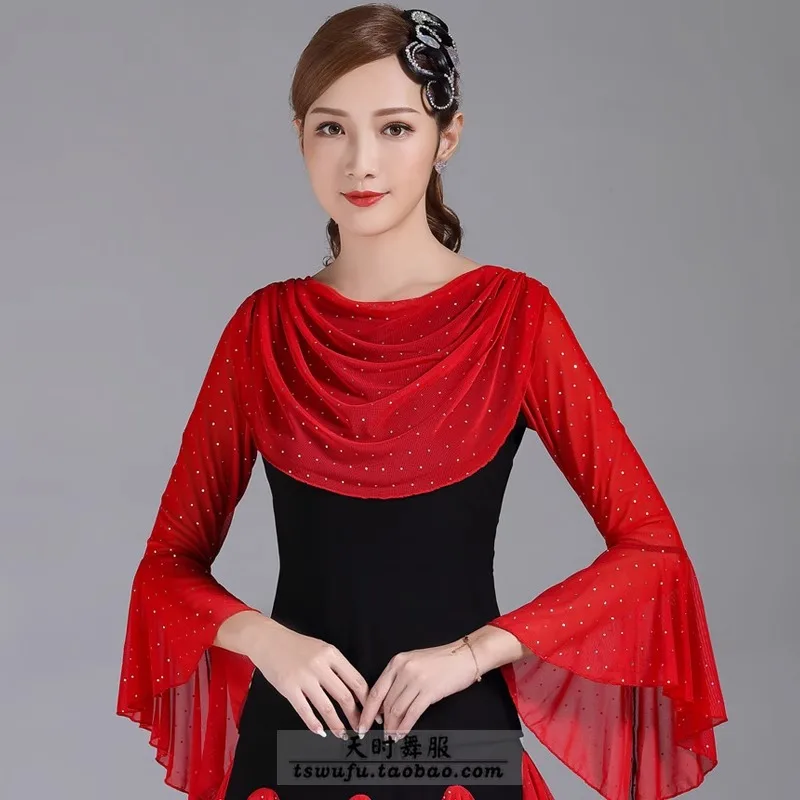 Aangepaste nieuwe zwarte en rode contrasterende pailletten Gitaba Sailor Dance Latin danskleding vierkante moderne ballroomdans top