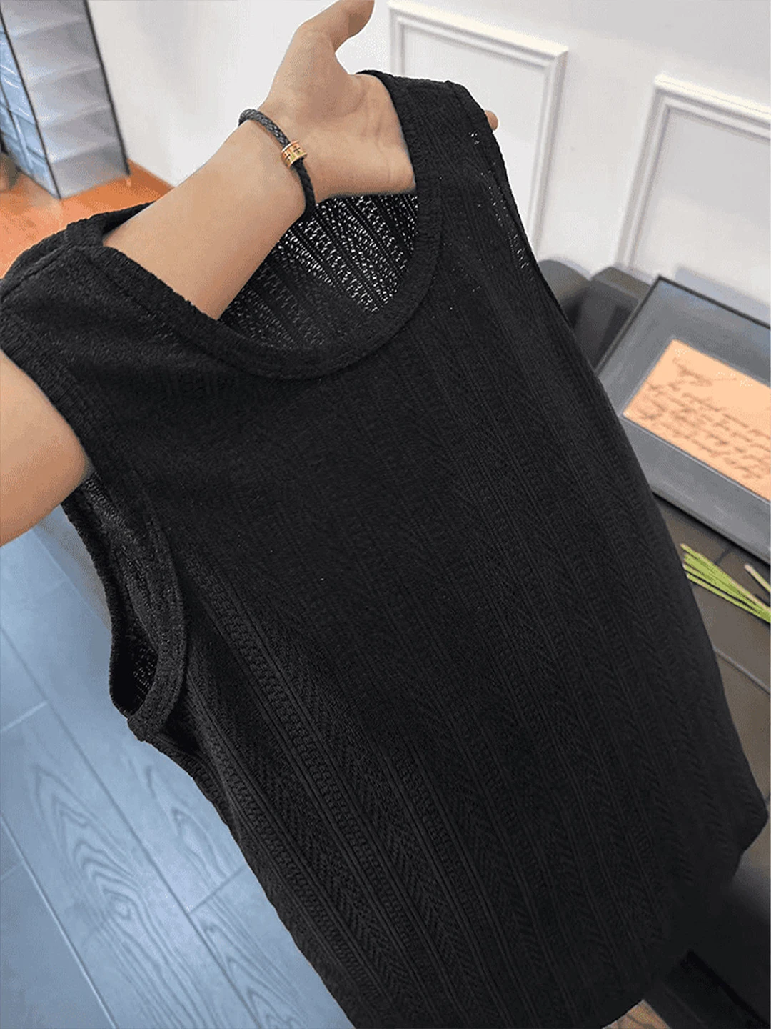 Textured Grain Pattern Men's Tank Top Summer Thin Breathable Sport Sleeveless T-Shirt Casual Inner Wear Sweatshirt Shoulder Pad