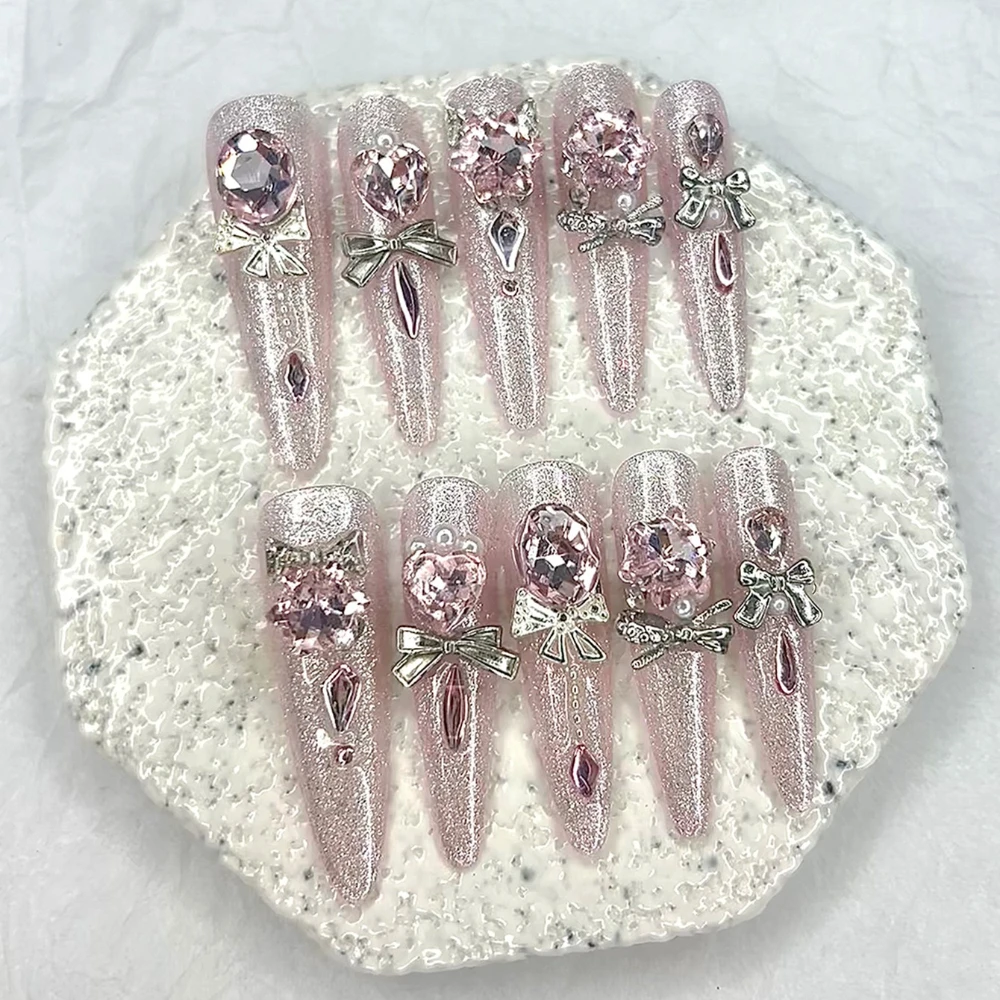 Luxury Pink Cat Eye Glitter Stiletto Handmade Press On Nails Sweet Cool 3D Diamond Pearl Long Tip Nail Art Removable Fake Nails - view 3