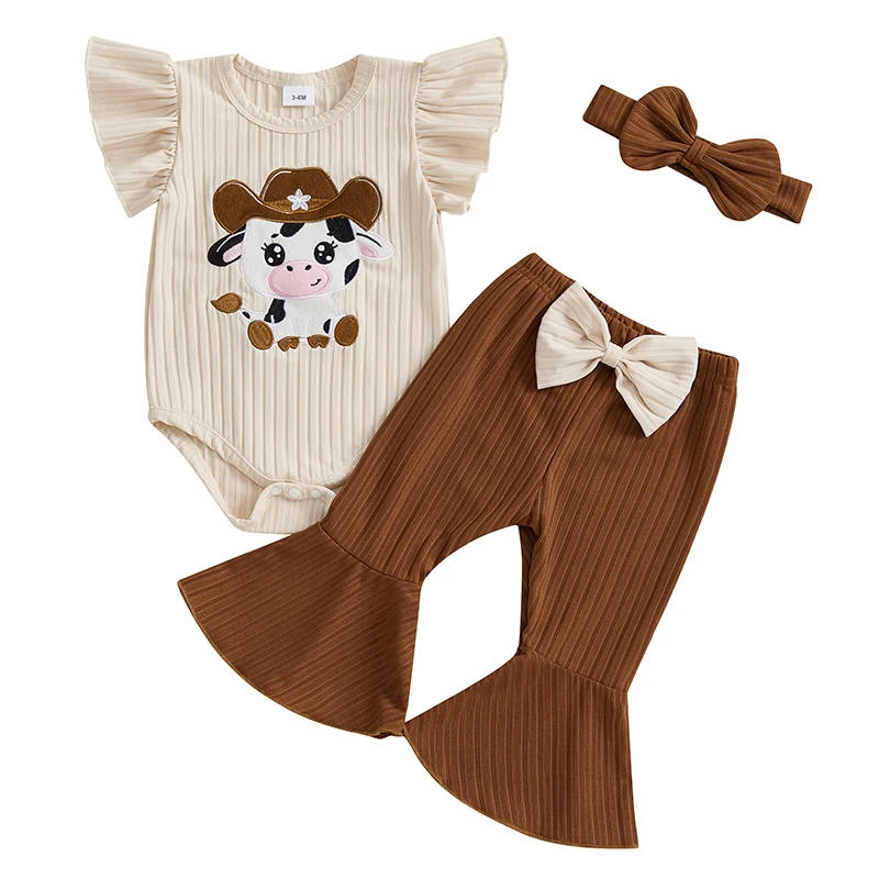 

Baby Girls Summer Outfit Fly Sleeve Embroidery Cow Romper with Flare Pants and Headband