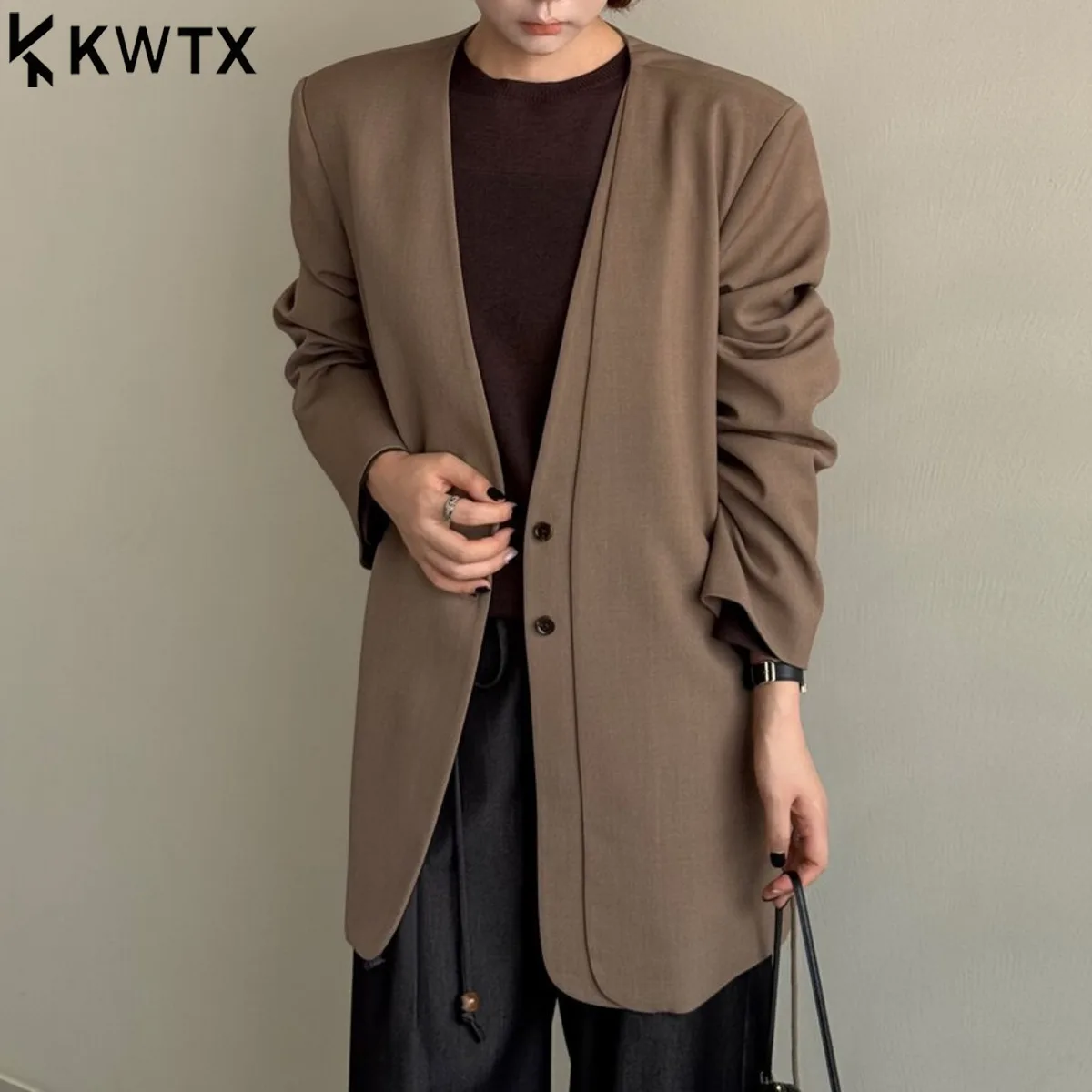 

KWTX 2025 Women Blazer Spring Autumn Casual V-Neck Solid Belted Patchwork Two-Button Slim Fit Vintage Chic Luxury New