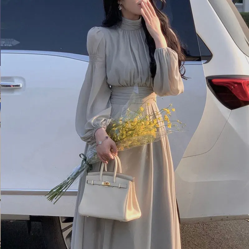 Elegant Princess Style Long Sleeve Party Dresses Women Temperament High Collar White Fairy Midi Dress Korean Fashion Outfits