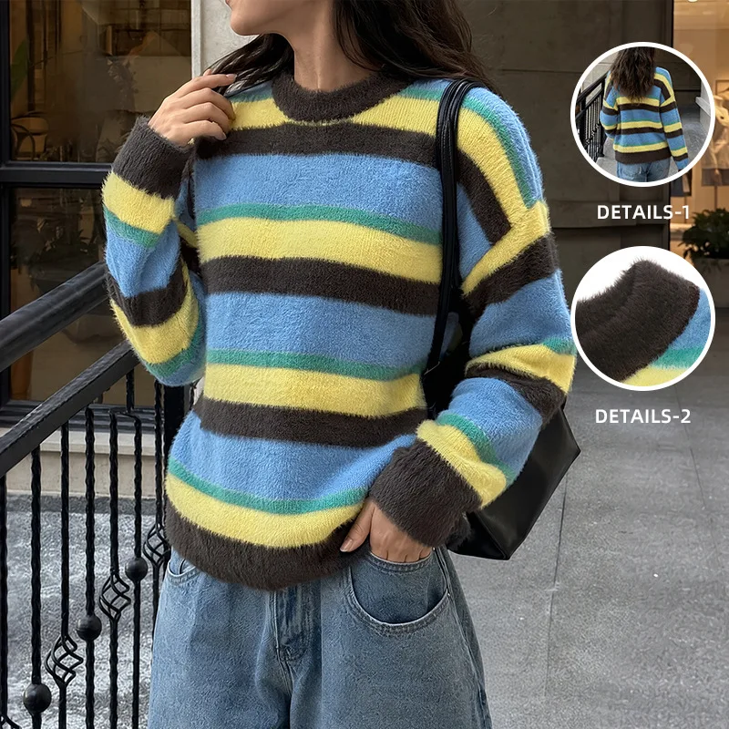 Women Korean Lazy Style Color‑Block Stripe Faux Mink Fur Crew Neck Sweater Autumn Winter Loose Knit Top