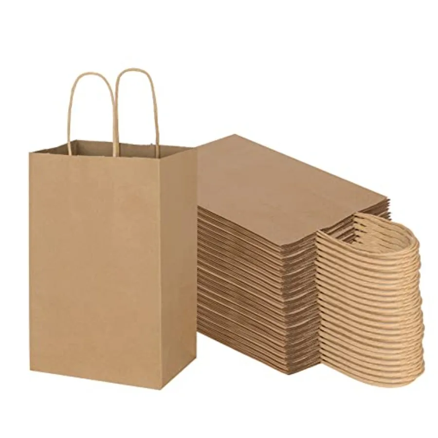 

100 Pack 5.25x3.25x8.25 Inch Small Plain Kraft Paper Bags with Handles Bulk Gift Bags for Favor Grocery Retail Party Birthday S