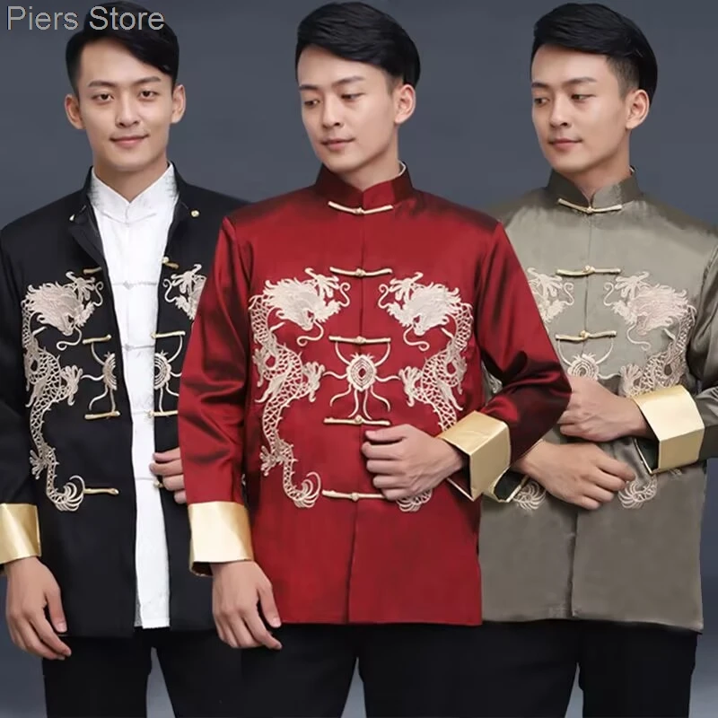 2025 Chinese traditionele feniks bedrukte kleding draak Tang pak kleding heren geborduurd festival bruiloft jas met lange mouwen