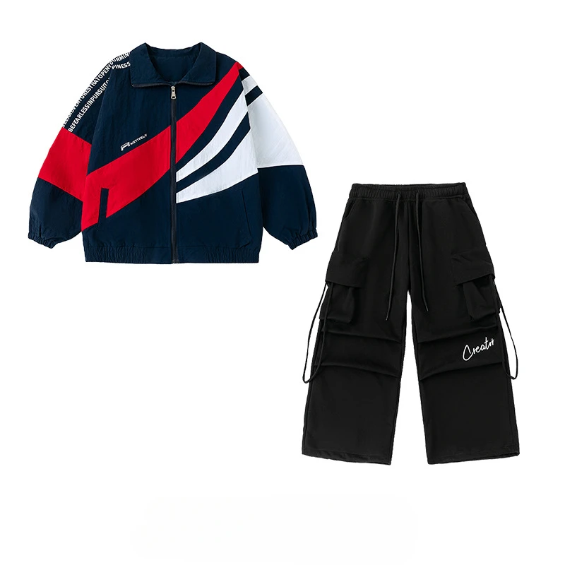 Jungen Hip Hop Kontrast Mantel Mädchen Jazz Jogger Kleidung Sets Street Dance Patchwork Jacke Schwarz Cargo Hosen Streetwear Kostüme