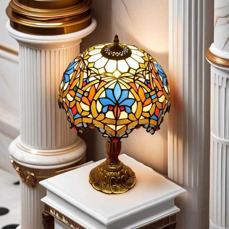 Tiffany Table Lamp Stained Glass Color Table Lamp Bedroom Decoration Bedside Art Desk Lights E27 Standing Indoor Lighting