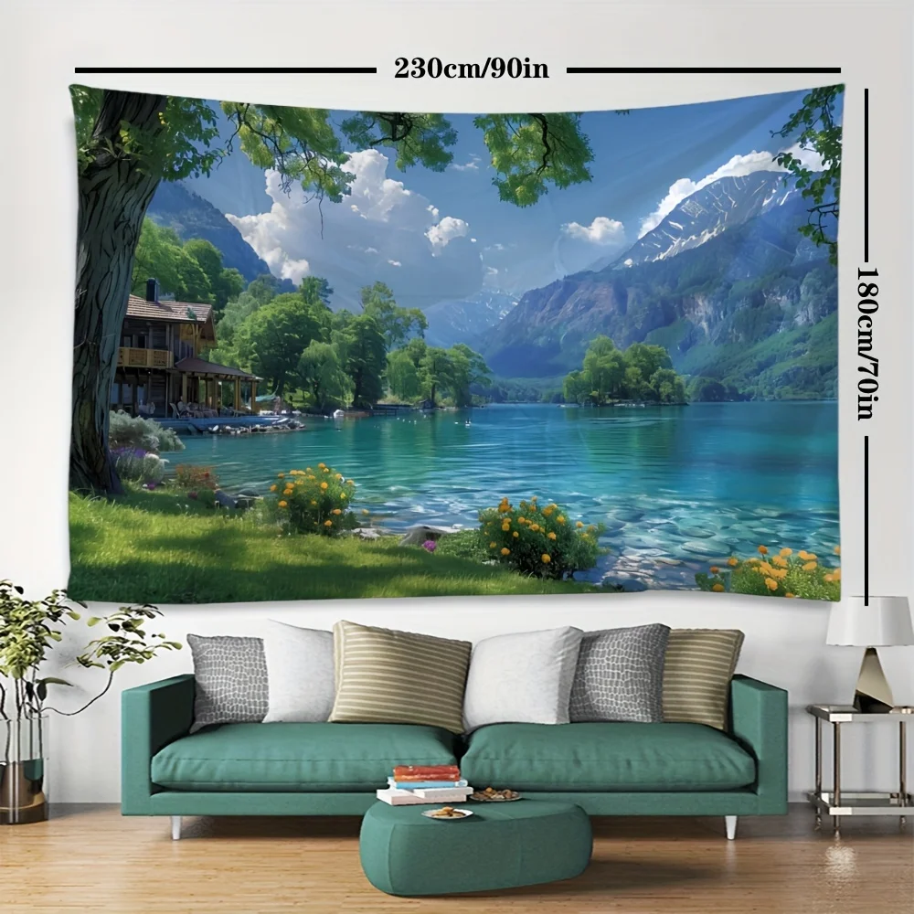 Aesthetic Nature Landscape Tapestry Wall Hanging Home Decor Polyester Print Alpine Mountain Lake View Scenic Rustic Cottage Styl