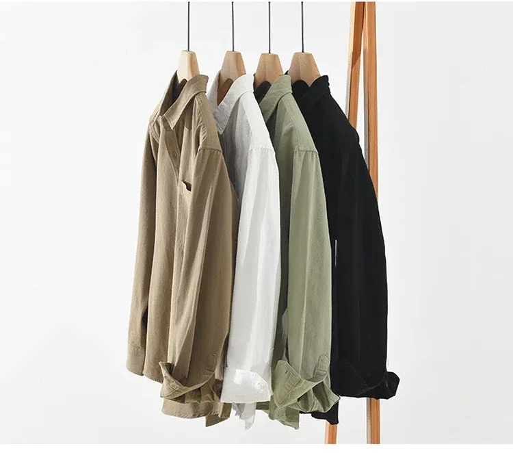 

Japanese Fashion Cargo Shirt Men Spring Fall Pure Cotton Casual Shirts Lapel Pocket Coffee Long Sleeve Shirt Man Simple Clothing
