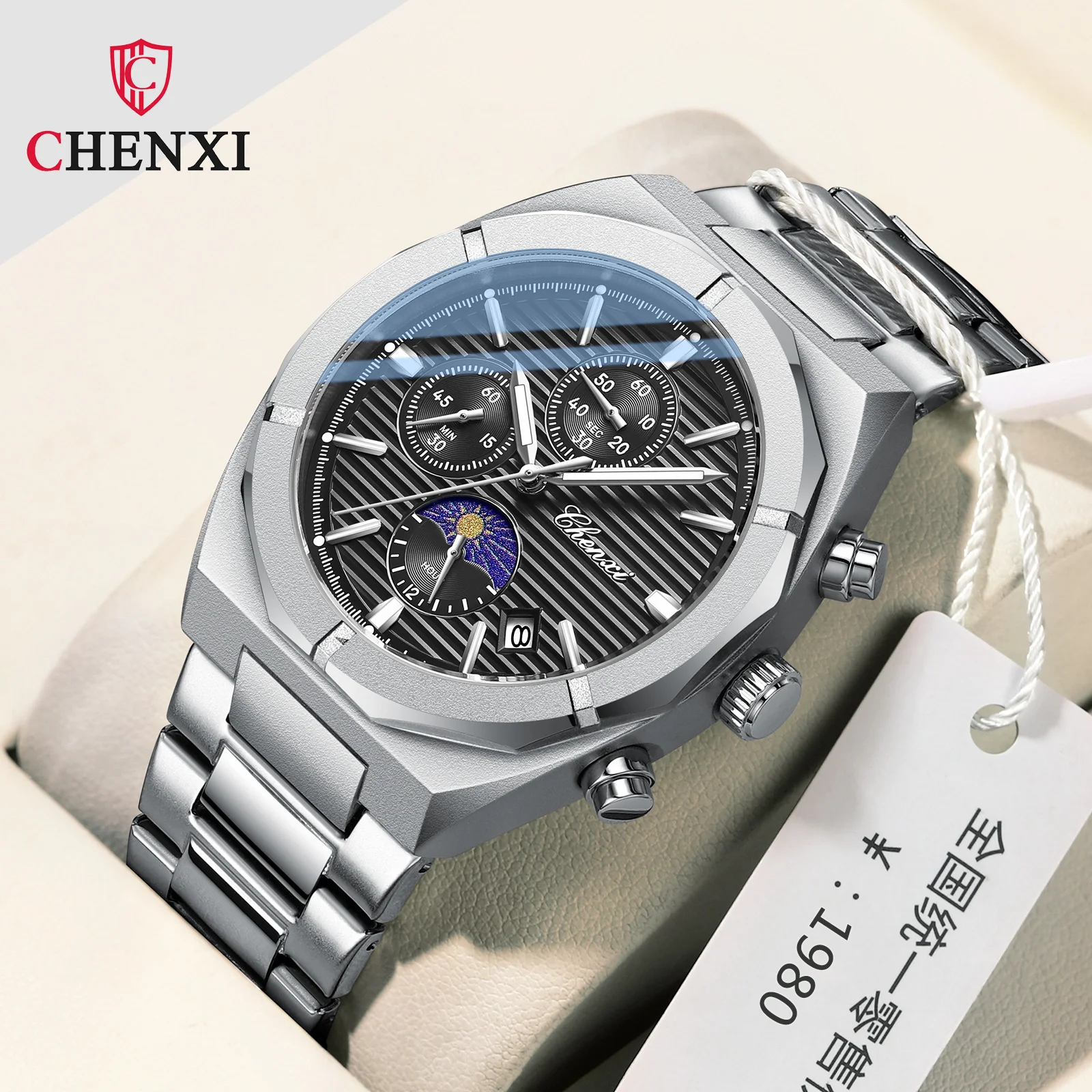 CHENXI 962 Morninglight Multifunctional Men\'s Moon Phase Date Timing Waterproof Black Steel Band Quartz Watch Wristwatch Mens