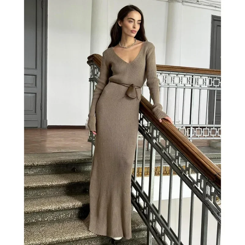 Autumn Winter Warm Women\'s Knitted Dress Fashion V Neck Thick A-line Solid Long Sleeve Vintage Midi Casual Dresses Elegant Robes