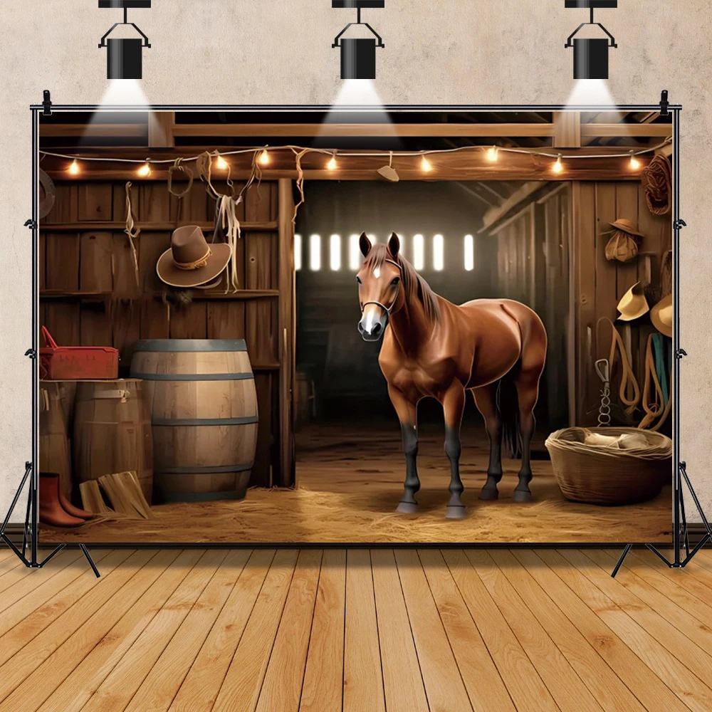 Laeacco Wild West Photography Backdrop Old Wood Horse Brown Barn Door Western Cowboy Saloon Kids Birthday Portrait Background