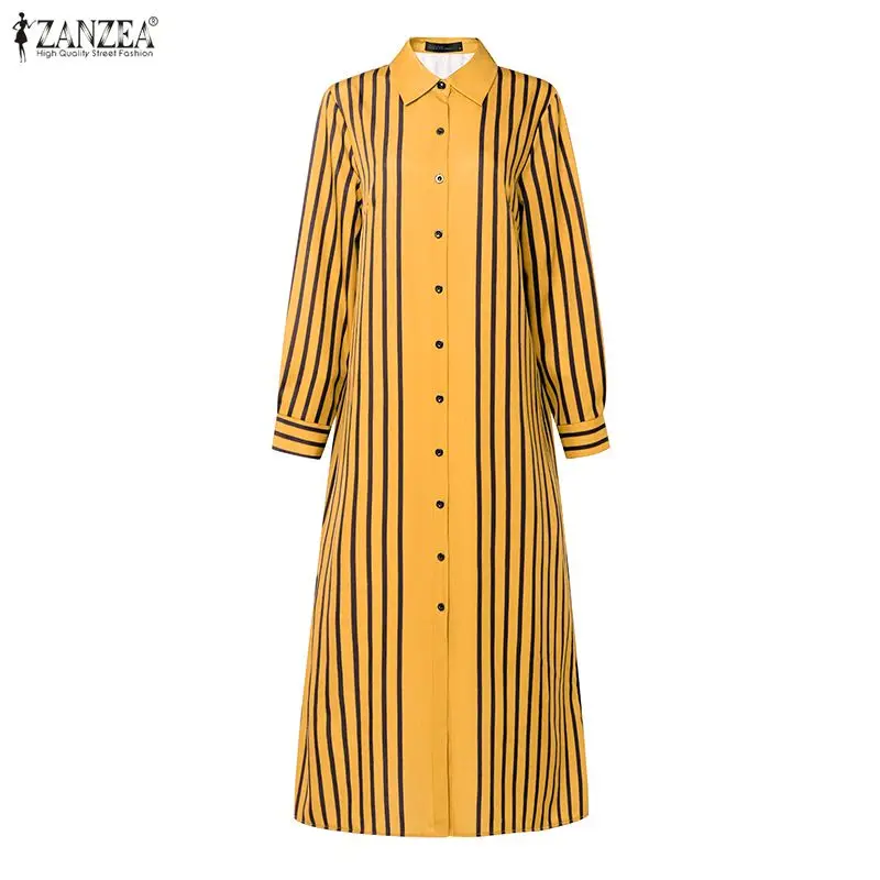Women's Turn-Down Collar Long Dresses Elegant Contrast Stripes Long Sleeves Button Up Shirt Dress ZANZEA 2026 Spring Robes Femme