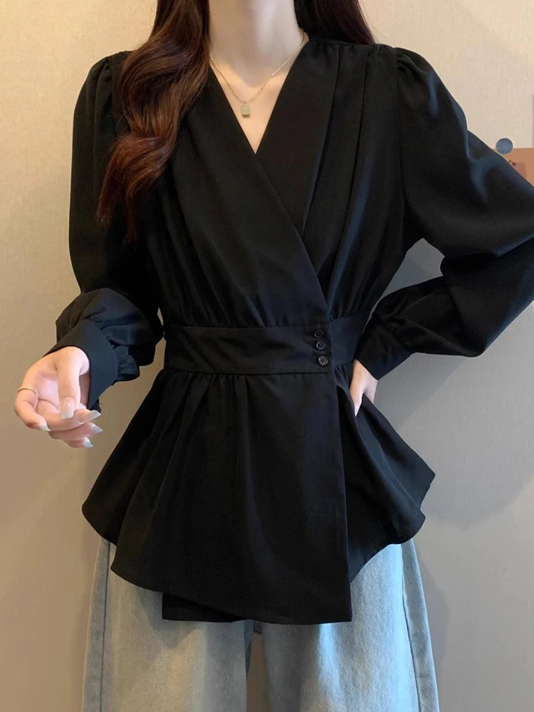 Elegant V-Neck Long Sleeve Women's Shirt plus Size Slimming Black Top for Autumn Korean Style Loose Fit Office Wear