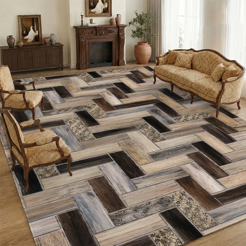 Wood Grain Herringbone Splicing Geometric Area Rug, Vintage Wooden Plank Print Washable Large Floor Carpet for Living Room