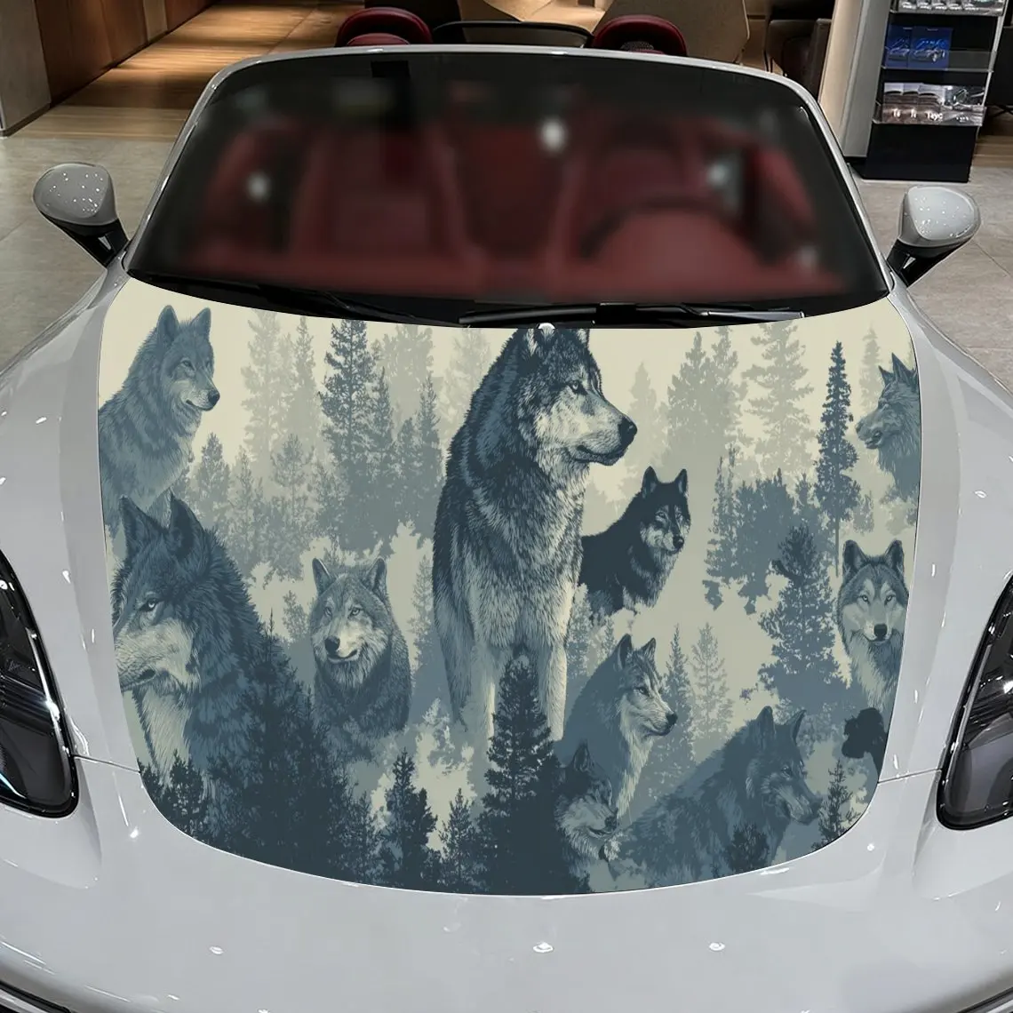 

Car Decal Wolf Group with Blue-Gray Forest Artistic Background & Mystic-Nature-Gothic Aesthetic Car Hood Sticker, Waterproof Sel