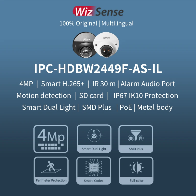 Imagem -02 - Dahua-mini Smart Dome Câmera ip com Alarme de Áudio Segurança Wizsense Luz Dupla Full Color Mic Poe Ipc Hdbw2449f-as-il 4mp