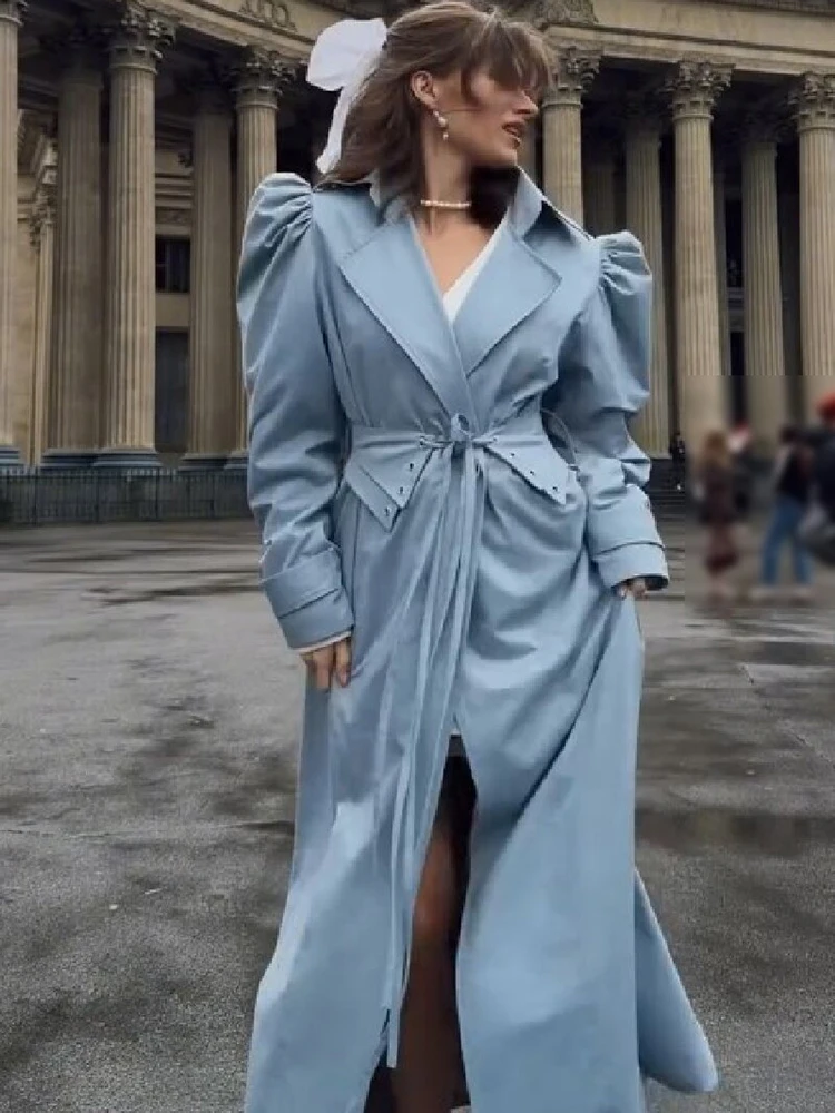 Trendy Adjust Belted Maxi Trench Coat Women Elegant Puff Sleeve Lapel Cinched Waist Split Overcoat Female Streetwear Windbreaker