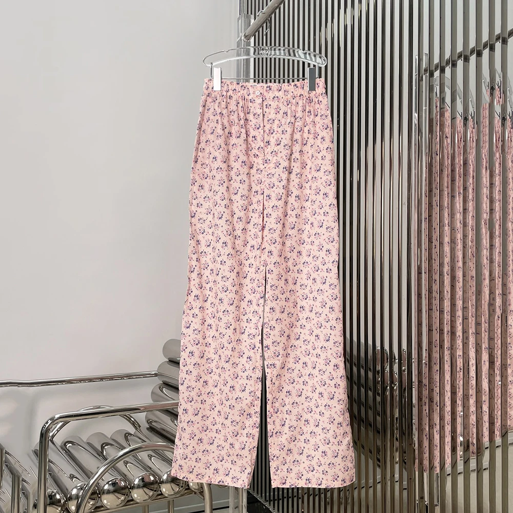 

Cotton Women's Pants Y2k Floral Printed Stretch Waist Slim Peplum Straight Pants 2025 Early Autumn New