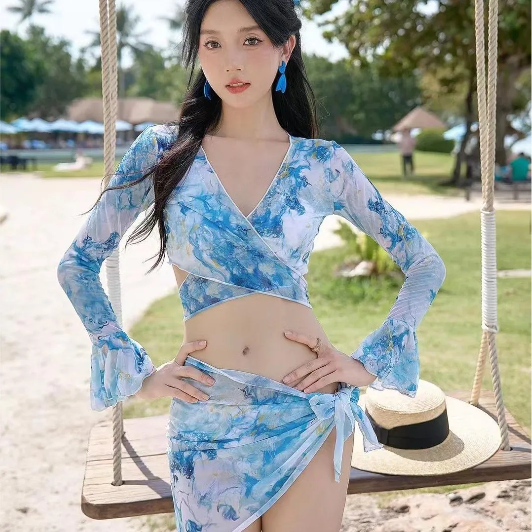 New 4 Pieces Set Swimsuit Women Blue Tie Dye Swimwear Sexy V Cut Bikini Sarong Skirts Cover Up Beach Wear Bathing Suit Korean