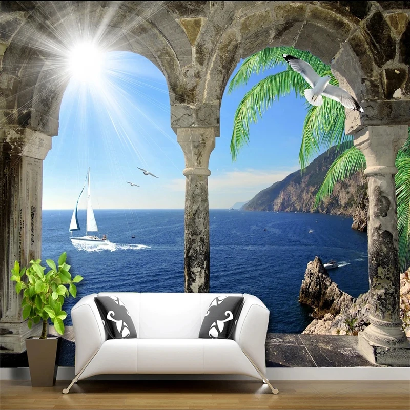Custom 3D Mural Mediterranean Arch Sailboat Coconut Tree Castle Vintage Background Wall Papel De Parede For Bedroom Walls Tapety