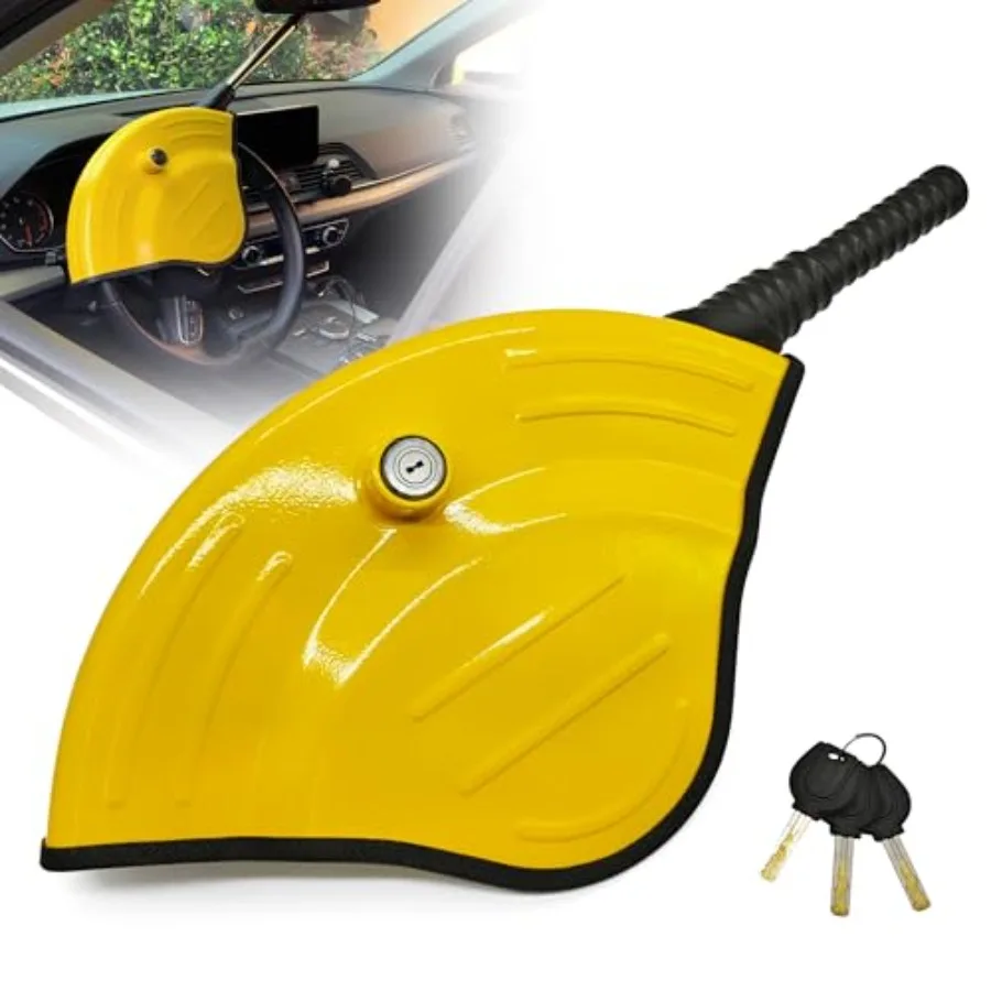 Universal steering wheel lock for car security, steel construction, yellow color, adjustable fit for most vehicles, visible the