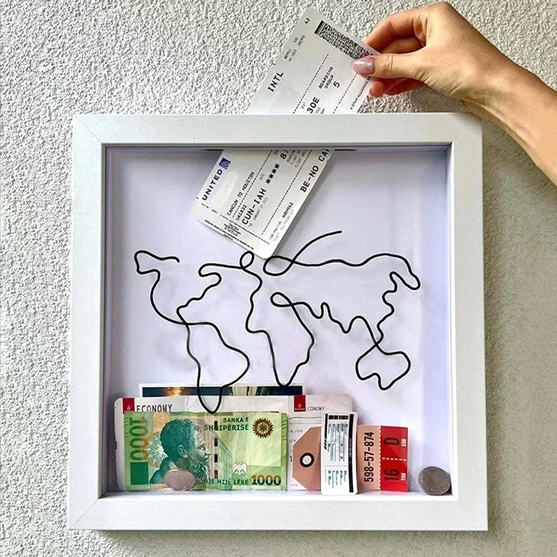 Transparent Acrylic Display Box Wooden World Map Decor Wall Frame Storage Frame Ticket Storage Box Postcard Souvenir Deposit Box