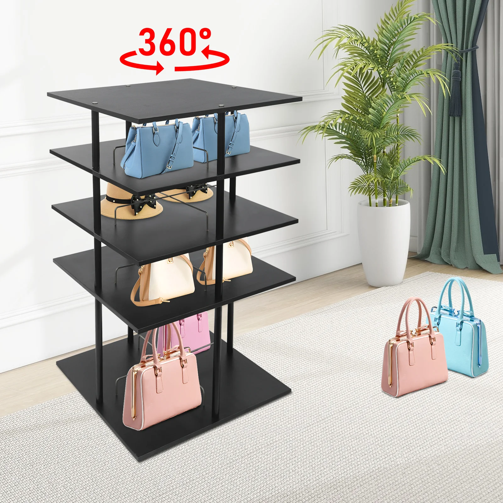 

4-Tier Rotating Shoe Rack 360° Bags Holds 16 Pairs 38.58lbs Load Hollow Design for Stores Entryway Home Black