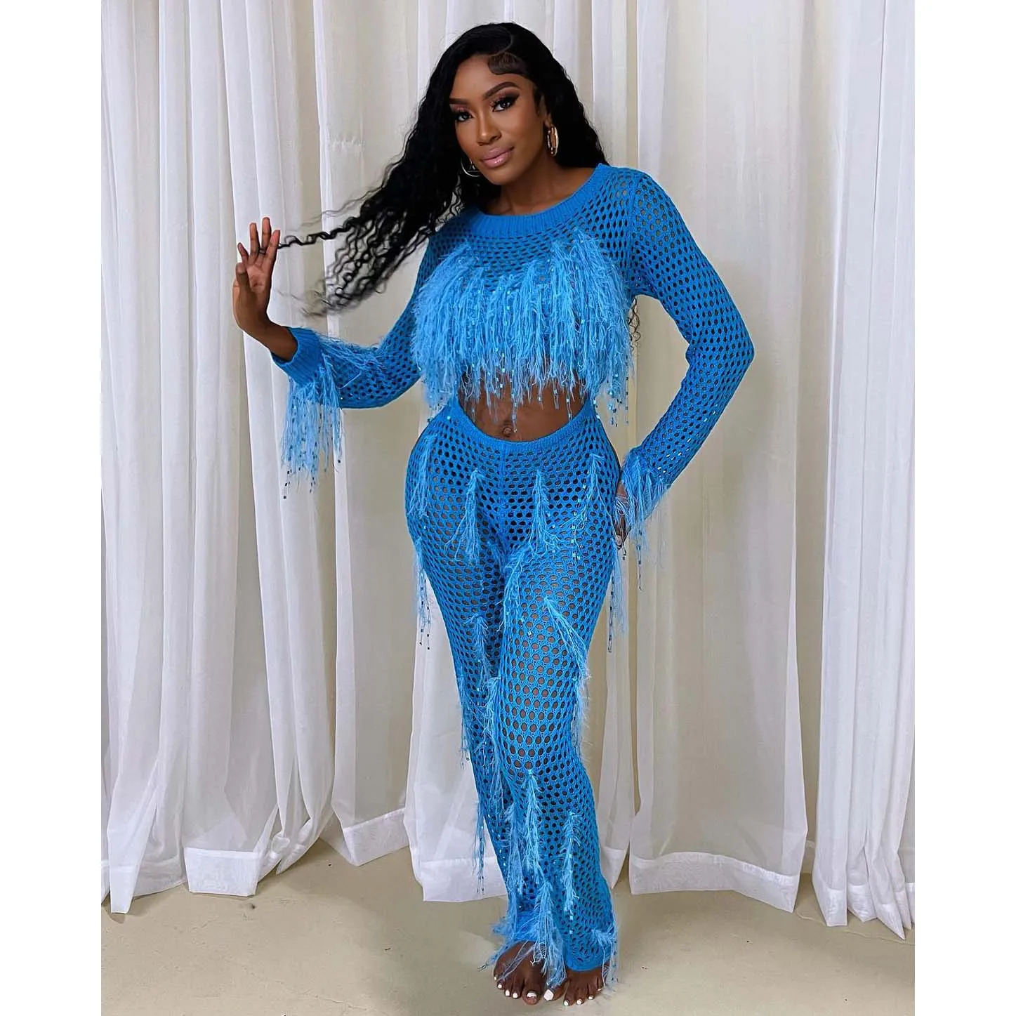 Crocheted Sexy Two Piece Pant Set 2024 Women Summer Tracksuits Elegant Luxury Outfits Bodycon Fringe Knitted 2 Piece Pant Sets