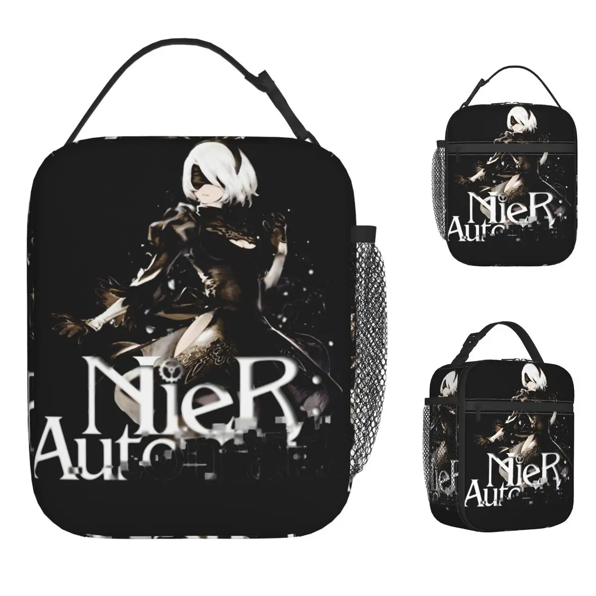 

NieRAutomata 2B Japan Lunch Bag Cute Lunch Box Office Portable Zipper Thermal Tote Handbags For Child Oxford Designer Cooler Bag