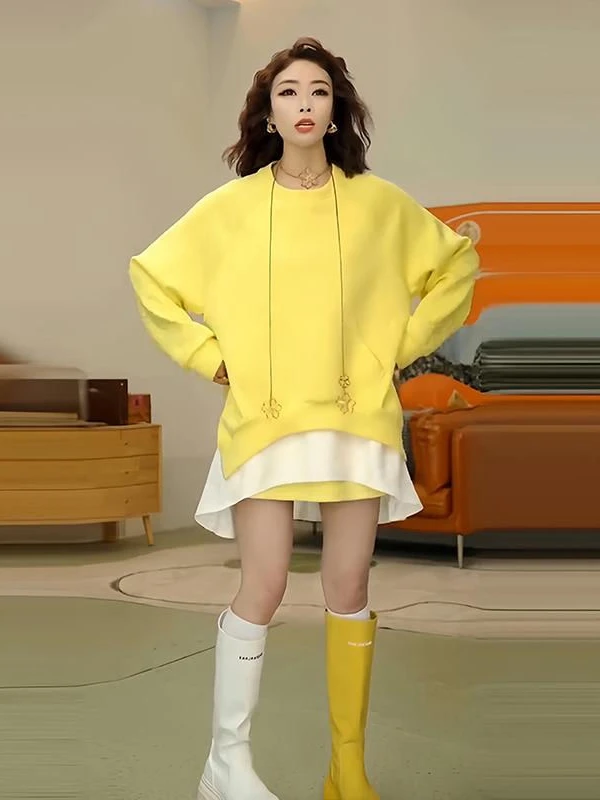 

Женская толстовка больших размеров, свободного кроя, скрывающая недостатки фигуры, весна-осень, новинка, имитация двухслойности, 300 Pou Faux