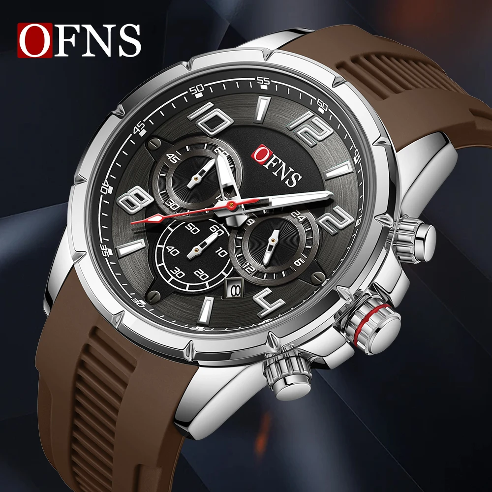 OFNS 8027 Fashion Men's Three Eye Six Needle Quartz Watch Multi functional Waterproof Night Light Calendar Men's Watch
