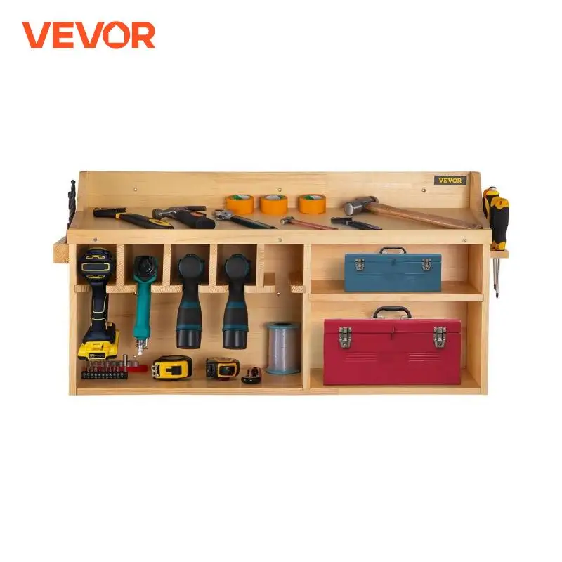 VEVOR Power Tool Organizer Wall Mount Drill Holder with 5 Hanging Slots Charging Station Wooden Tool Box for Wrench Screwdriver