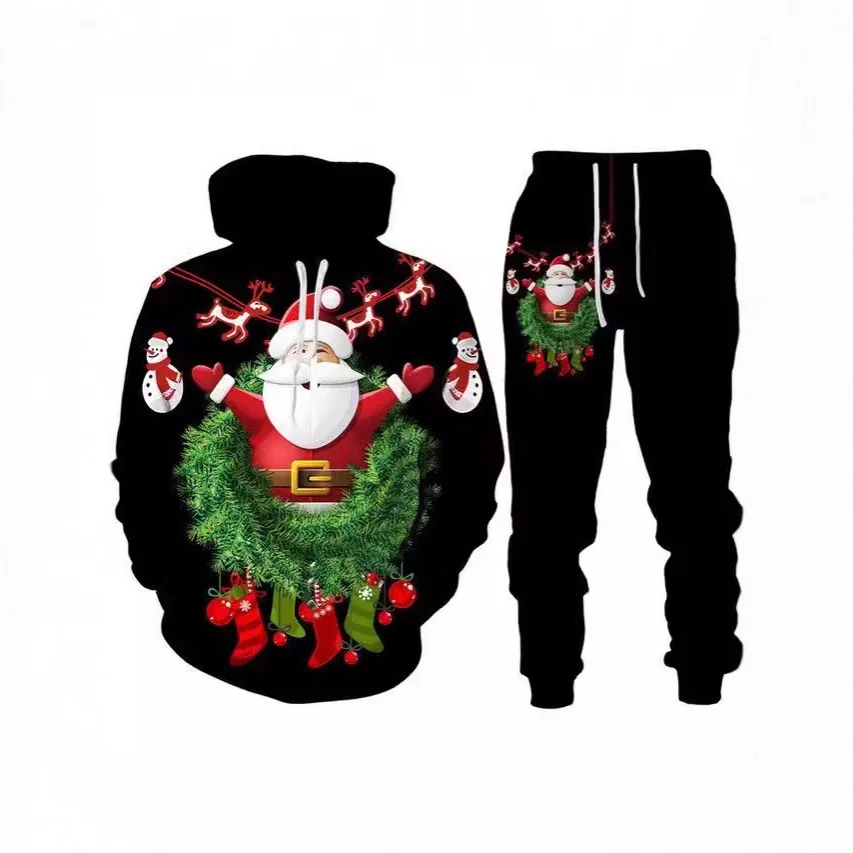 طقم سويت شيرت وسروال بقلنسوة بطابع عيد الميلاد للرجال طقم طباعة رقمية كاجوال فضفاض بأكمام طويلة مبطن حراري مكون من قطعتين #5