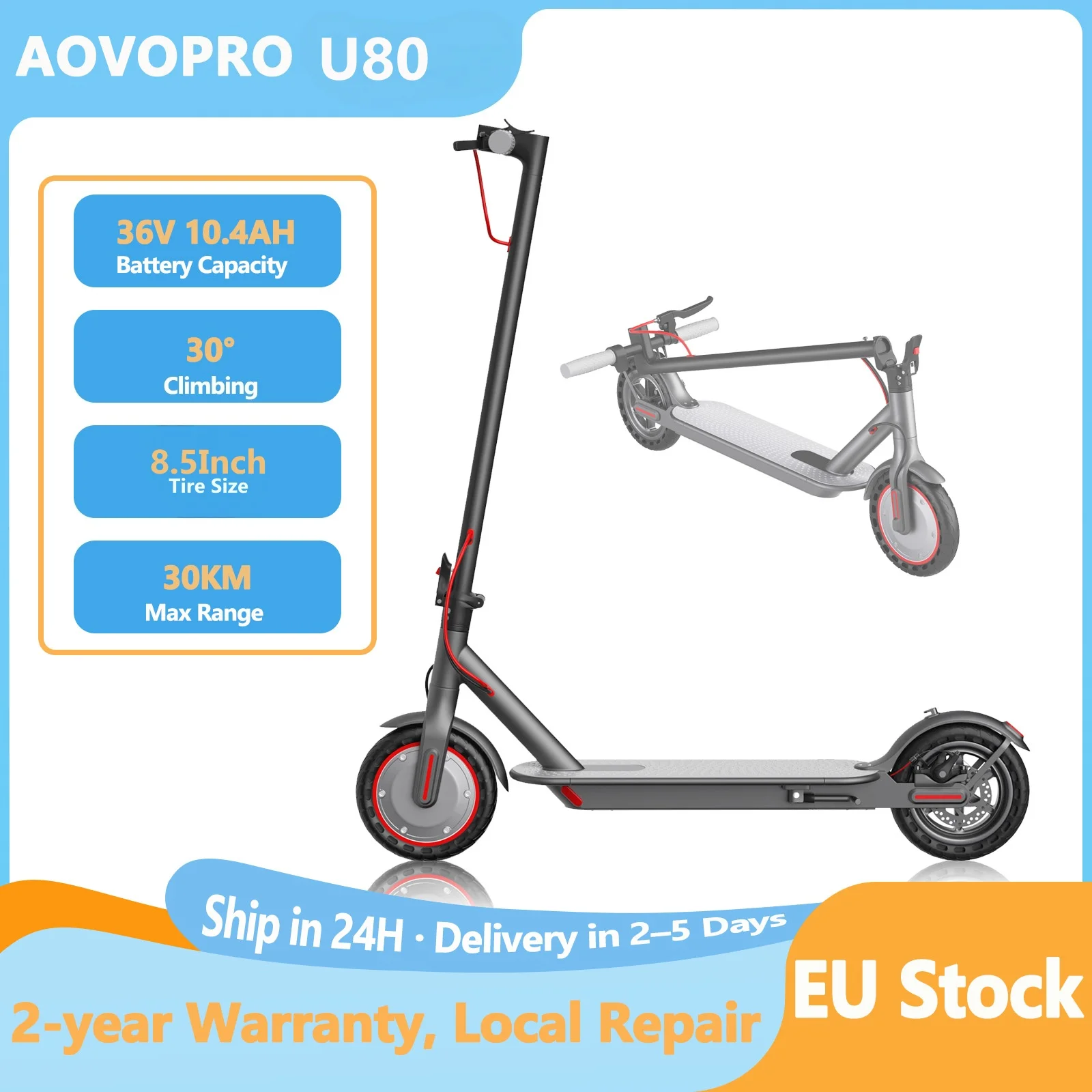 AOVOPRO U80 Elektroroller Hochleistungsmotor 36V 10,5Ah Hochkapazitätsbatterie 35KM Reichweite Smart APP Kick E-Scooter
