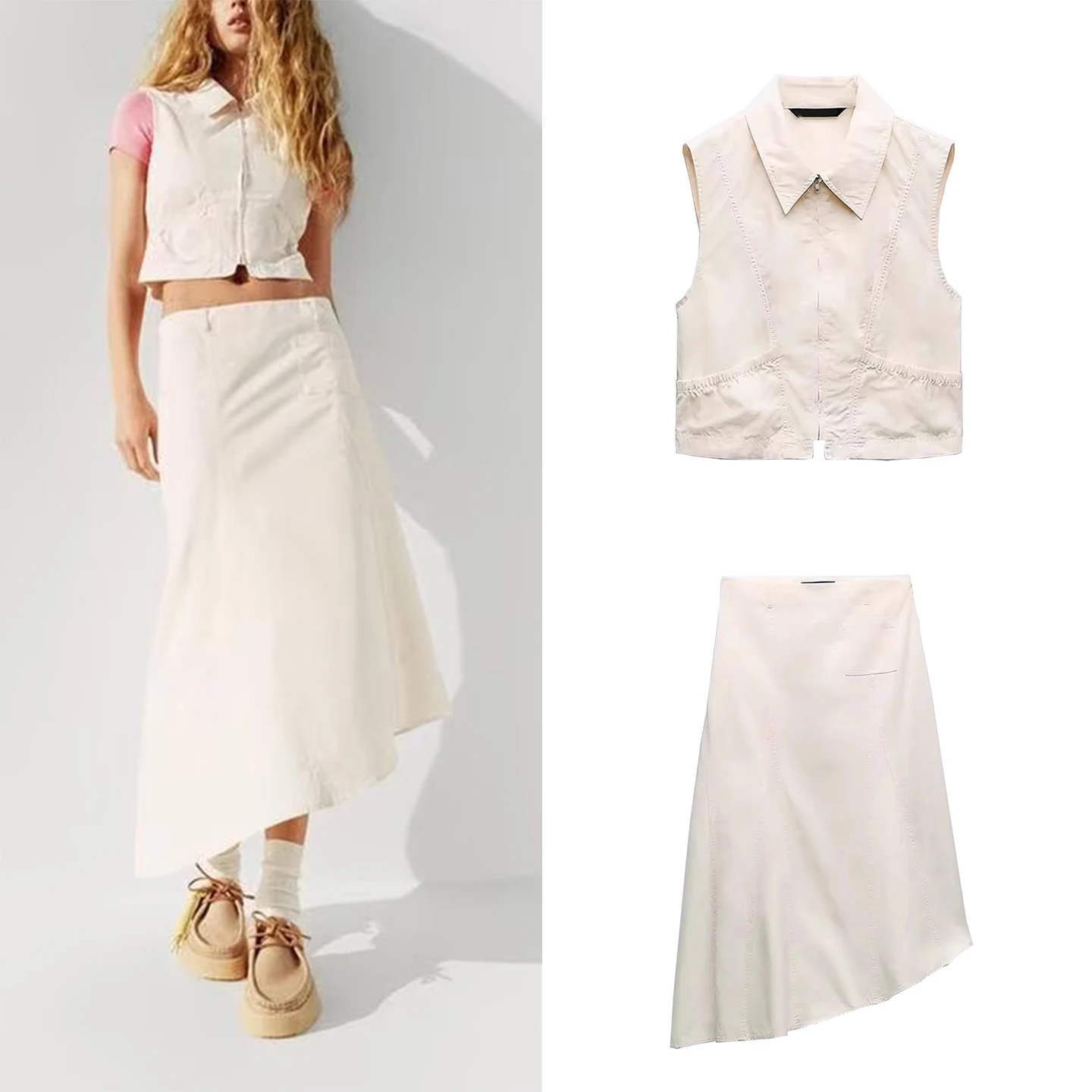 

Z 2025 New Women's Faion Set Collar Jaet Vest Asymmetrical Midi Skirt Two-Piece Polyester Fiber ort Sve Bu...