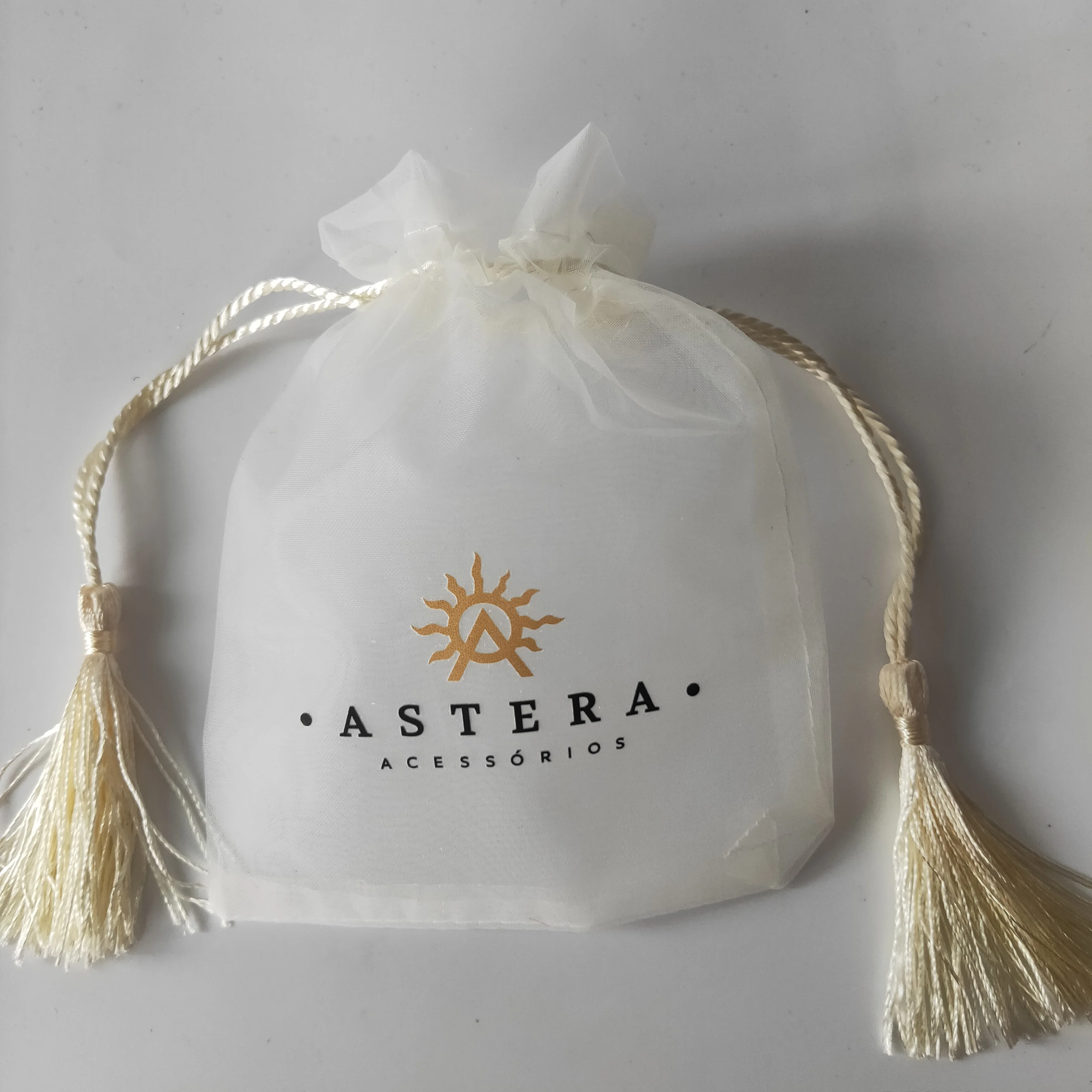 50pcs10*15CM Customized print your logo beige jewelry Cosmetic organza bag with tassel package small pouches