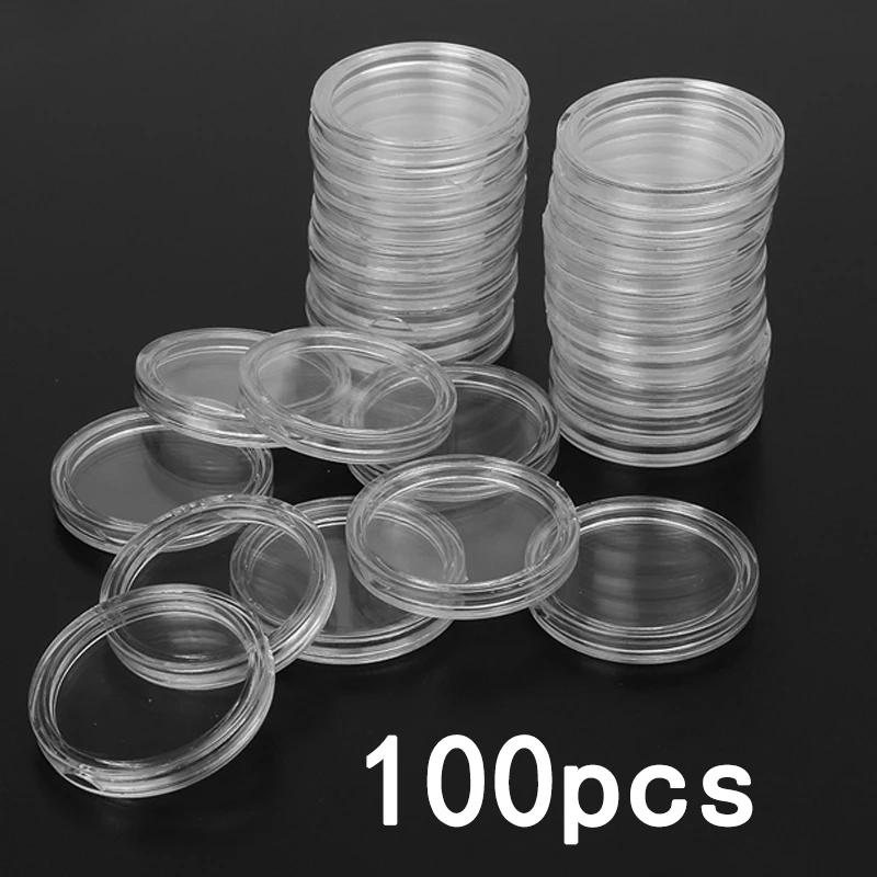 100 Stücke 26mm Klare Runde Kunststoff Münzhalter Container Aufbewahrungsboxen Schmuck Münze Aufbewahrungsbox Schutz Organizer Wohnkultur