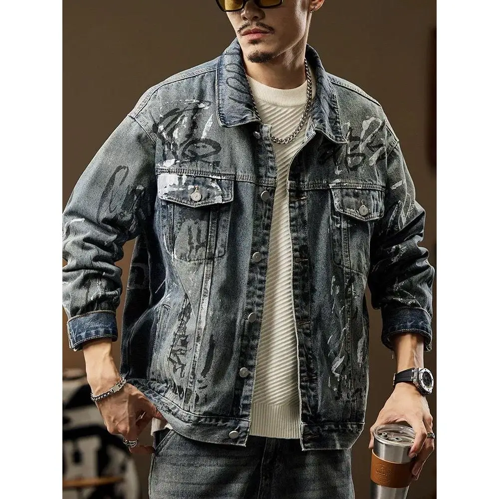 

Мужская джинсовая куртка Waed: модная, винтажная, свободного кроя, в американском ретро-стиле, повседневная, с воротником, рабочая, не требующая глажки, из хлопка и полиэстера...