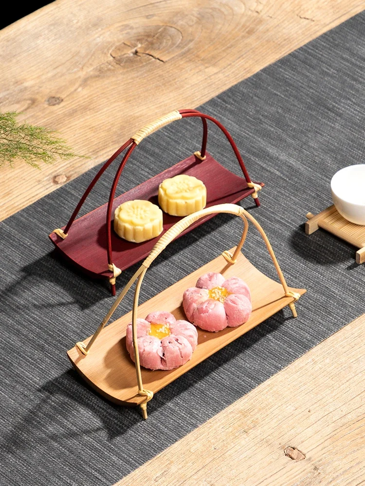 Handcrafted Bamboo Handle Fruit Basket Tea Snack Tray Creative Chinese Style Retro Living Room Home Use Tea Ceremony Tray