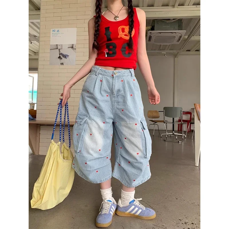 

Vintage Summer 90s Cargo Jeans Women Y2k Retro Blue Stripe Wide Leg Pants Hip Hop Streetwear Baggy Pockets Denim Shorts