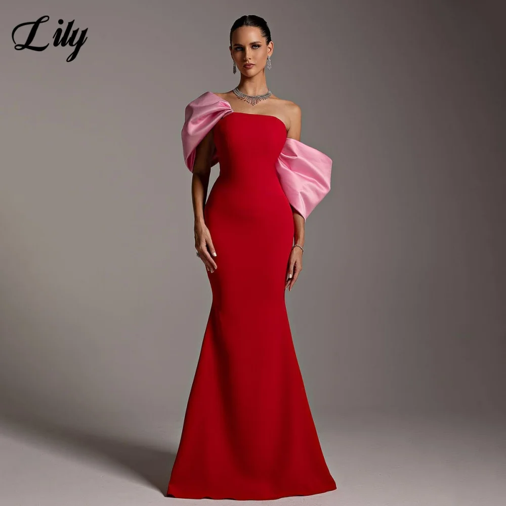 

Lily Chic Red Prom Dress Off the Shoulder Simple Evening Dress Pleats Satin And Trumpet Ruched Formal Party Dresses Customized