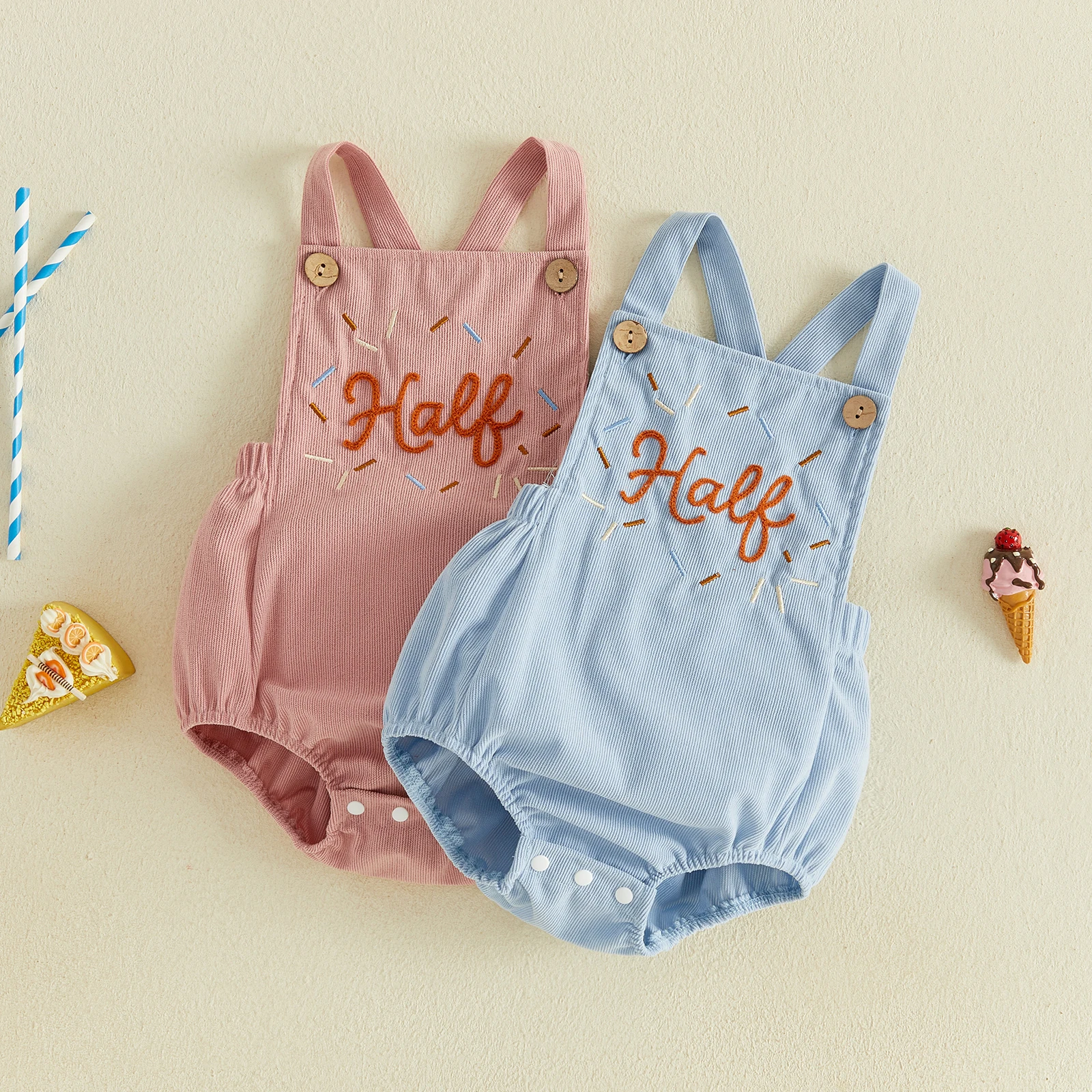 Half Birthday Bubble Romper for Infant Boy Girl Sleeveless Bodysuits Cute Baby Corduroy Overalls Outfits