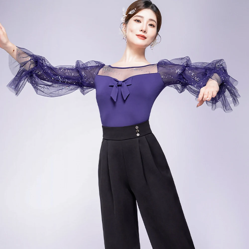 Фиолетовая одежда, новая женская тренировочная одежда, топ с длинными рукавами и круглым вырезом, черная синяя рубашка для танцев самбы, сетка